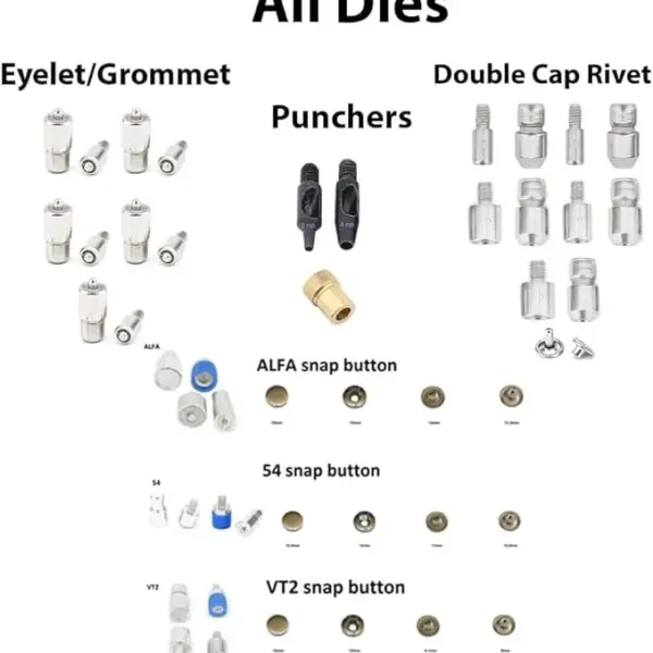 Snap Button Fastener, Rivet, Eyelet, Grommet Hand Press Machine with Setting Dies All in One Set