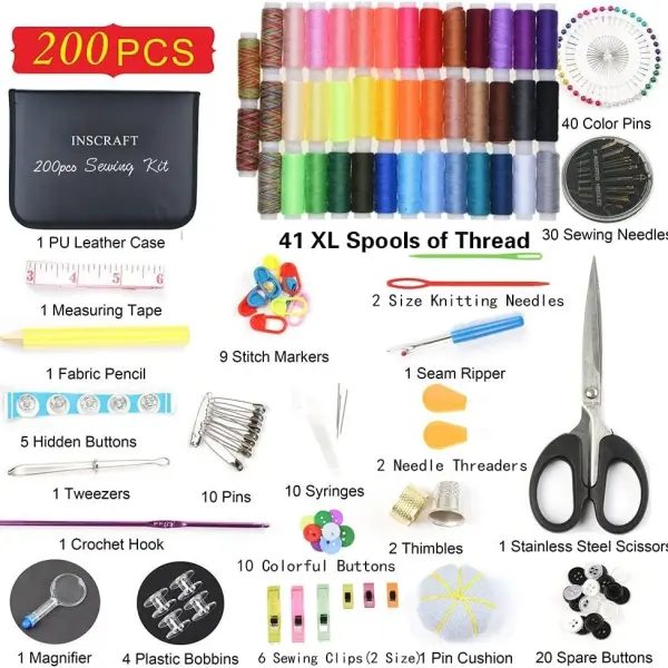 INSCRAFT Sewing Kit, 200 Premium Sewing Supplies, 41 XL Thread Spools, Suitable for Traveller, Adults, Beginner, Emergency, DIY and Home by INSCRAFT