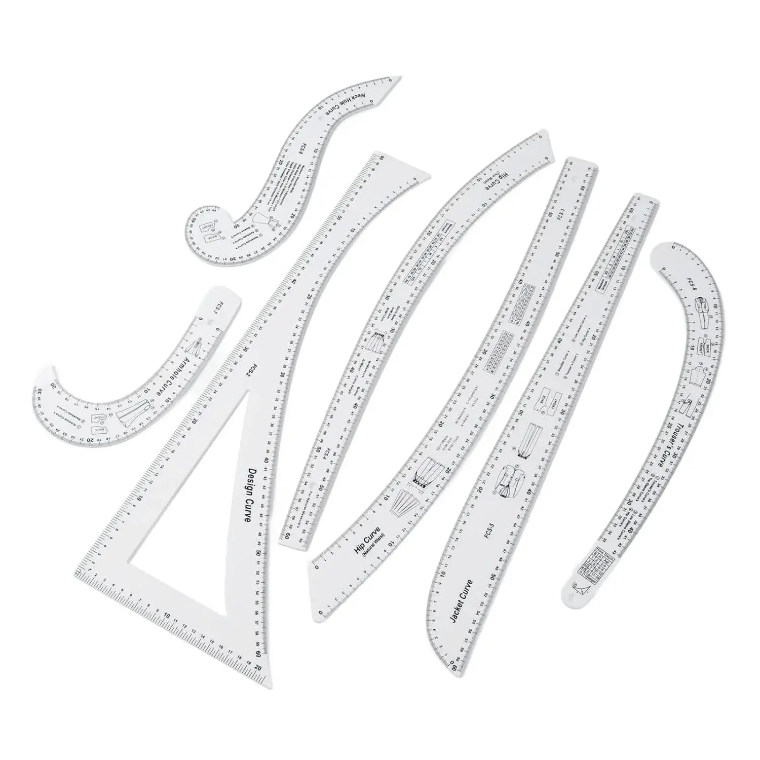 Generic 7Pcs Sewing Ruler Tailor Set, Clear High Accuracy Scale Acrylic Clothing Ruler, Pattern Drafting Tool with Transparent Fashion Design, Ideal for Sewing & Tailoring