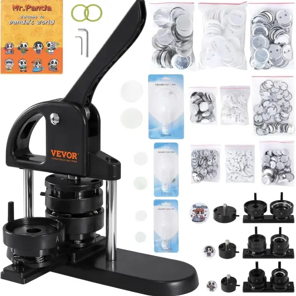 VEVOR Button Maker, 1/1.25/2.28 inch(25/32/58mm) 3-in-1 Pin Maker with 300pcs Button Parts, Ergonomic Arc Handle Punch Press Kit, Button Maker Machine with Panda Magic Book, for Children DIY Gifts