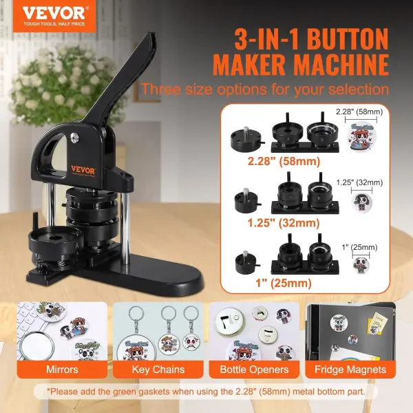 VEVOR Button Maker, 1/1.25/2.28 inch(25/32/58mm) 3-in-1 Pin Maker with 300pcs Button Parts, Ergonomic Arc Handle Punch Press Kit, Button Maker Machine with Panda Magic Book, for Children DIY Gifts