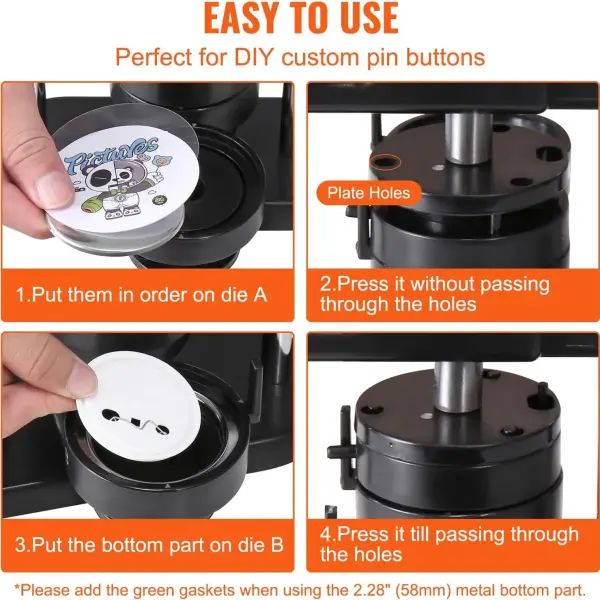 VEVOR Button Maker, 1/1.25/2.28 inch(25/32/58mm) 3-in-1 Pin Maker with 300pcs Button Parts, Ergonomic Arc Handle Punch Press Kit, Button Maker Machine with Panda Magic Book, for Children DIY Gifts