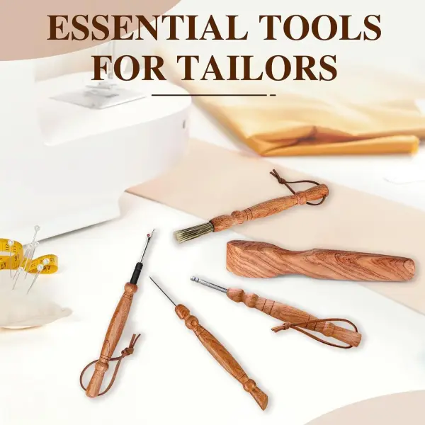 SAVINA Set 5 Wooden Sewing Tool - Seam Ripper, Seam Press, Stiletto, Basting Pin Tool, Cleaning Brush - Premium Hardwood Handles for Quilting & Hand Sewing