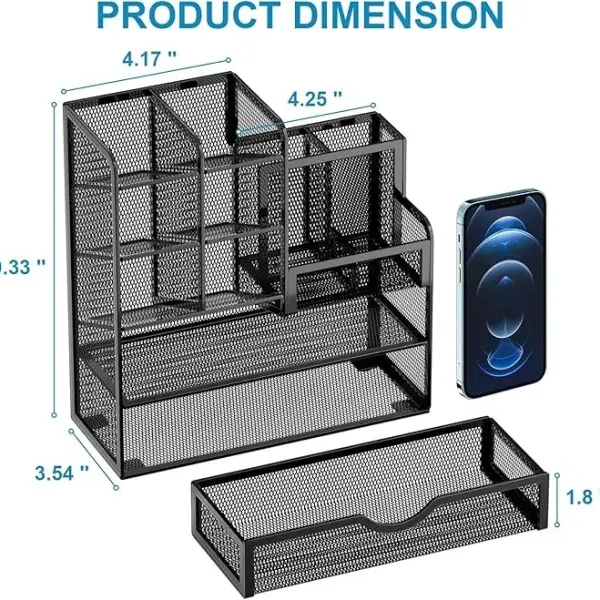 Marbrasse Mesh Pen Holder for Desk, Multi-Functional Pencil Organizer with Drawer, Desk Organizers and Accessories for Office Art Supplies (Black)