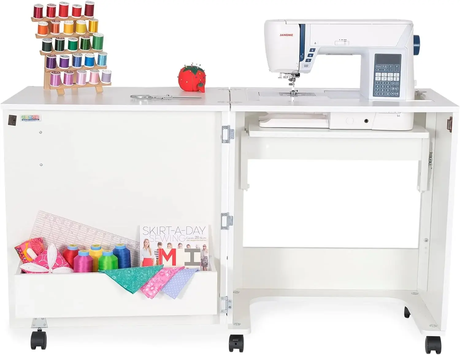 Arrow Sewing Classic Furniture “Judy” Sewing Cabinet: Portable, Folding, Compact, Locking Wheels, with Storage Bin and Hydraulic Machine Lift-White