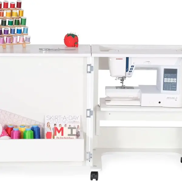 Arrow Sewing Classic Furniture “Judy” Sewing Cabinet: Portable, Folding, Compact, Locking Wheels, with Storage Bin and Hydraulic Machine Lift-White