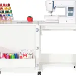Arrow Sewing Classic Furniture “Judy” Sewing Cabinet: Portable, Folding, Compact, Locking Wheels, with Storage Bin and Hydraulic Machine Lift-White