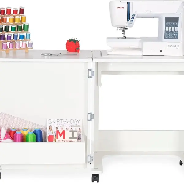 Arrow Sewing Classic Furniture “Judy” Sewing Cabinet: Portable, Folding, Compact, Locking Wheels, with Storage Bin and Hydraulic Machine Lift-White