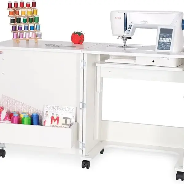 Arrow Sewing Classic Furniture “Judy” Sewing Cabinet: Portable, Folding, Compact, Locking Wheels, with Storage Bin and Hydraulic Machine Lift-White