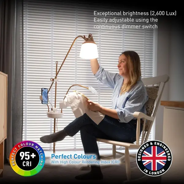 Daylight Company Anita Floor Lamp – Professional Craft & Sewing Light with 95+ CRI, 2600 Lux Dimmable LEDs, 3 Color Modes – Includes Magnifier, Phone Clamp, and Tool Tray – Matte White/Copper