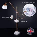 Daylight Company Anita Floor Lamp – Professional Craft & Sewing Light with 95+ CRI, 2600 Lux Dimmable LEDs, 3 Color Modes – Includes Magnifier, Phone Clamp, and Tool Tray – Matte White/Copper