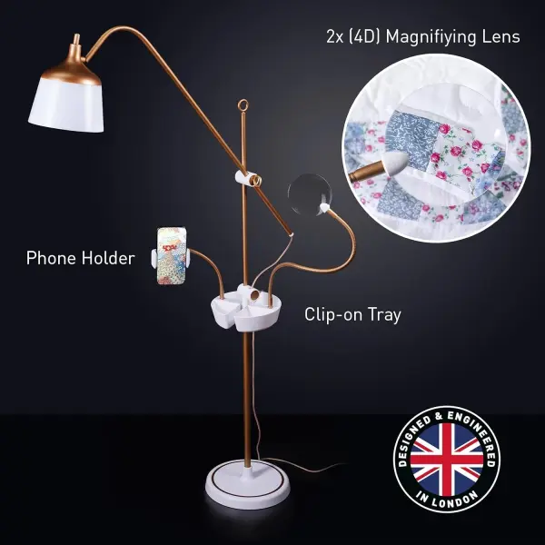 Daylight Company Anita Floor Lamp – Professional Craft & Sewing Light with 95+ CRI, 2600 Lux Dimmable LEDs, 3 Color Modes – Includes Magnifier, Phone Clamp, and Tool Tray – Matte White/Copper