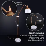 Daylight Company Anita Floor Lamp – Professional Craft & Sewing Light with 95+ CRI, 2600 Lux Dimmable LEDs, 3 Color Modes – Includes Magnifier, Phone Clamp, and Tool Tray – Matte White/Copper