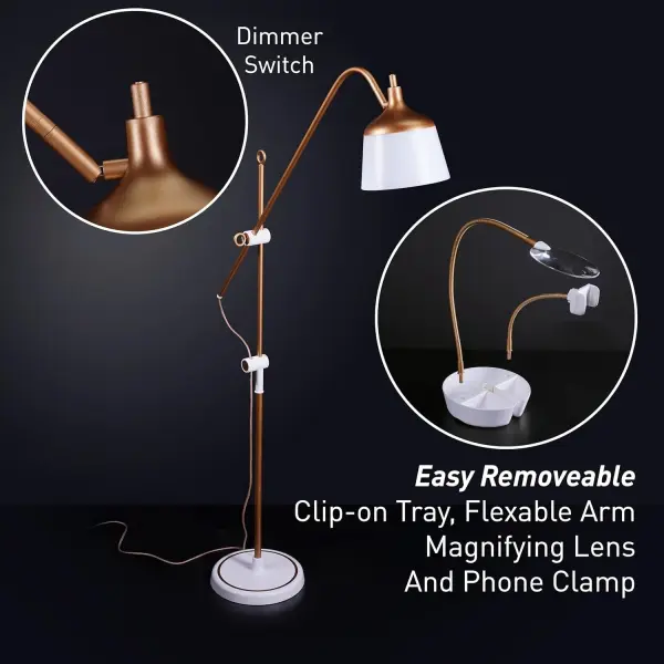 Daylight Company Anita Floor Lamp – Professional Craft & Sewing Light with 95+ CRI, 2600 Lux Dimmable LEDs, 3 Color Modes – Includes Magnifier, Phone Clamp, and Tool Tray – Matte White/Copper