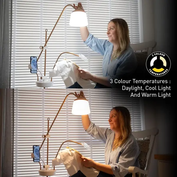 Daylight Company Anita Floor Lamp – Professional Craft & Sewing Light with 95+ CRI, 2600 Lux Dimmable LEDs, 3 Color Modes – Includes Magnifier, Phone Clamp, and Tool Tray – Matte White/Copper