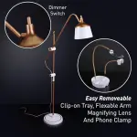 Daylight Company Anita Floor Lamp – Professional Craft & Sewing Light with 95+ CRI, 2600 Lux Dimmable LEDs, 3 Color Modes – Includes Magnifier, Phone Clamp, and Tool Tray – Matte White/Copper