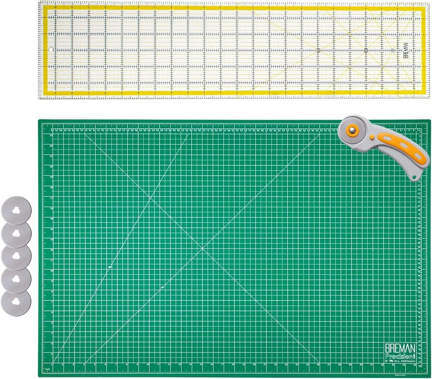 WA Portman Self Healing Cutting Mat & Rotary Cutter Set 45mm Rotary Cutter for Fabric with 5 Extra Blades with 24x36 Fabric Cutting Mat & 6x24 Acrylic Quilting Ruler - 3pc Sewing Kit