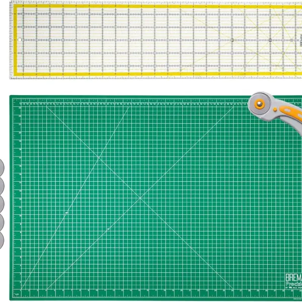 WA Portman Self Healing Cutting Mat & Rotary Cutter Set 45mm Rotary Cutter for Fabric with 5 Extra Blades with 24x36 Fabric Cutting Mat & 6x24 Acrylic Quilting Ruler - 3pc Sewing Kit