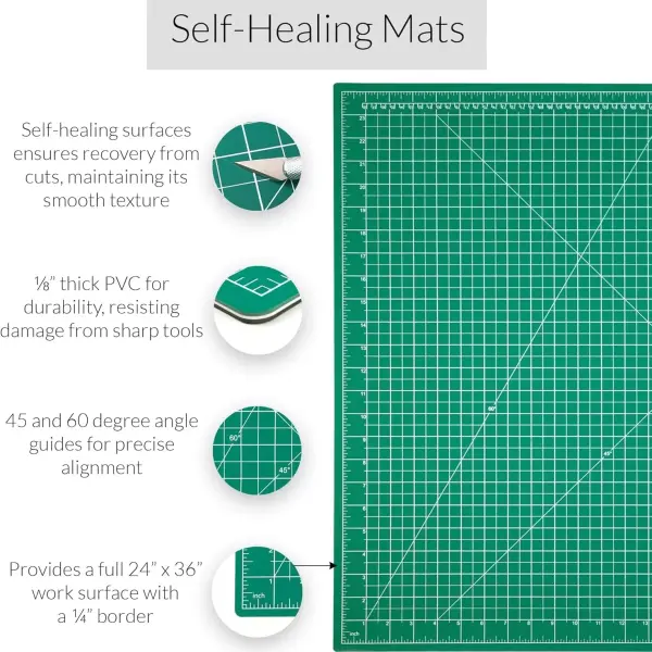 WA Portman Self Healing Cutting Mat & Rotary Cutter Set 45mm Rotary Cutter for Fabric with 5 Extra Blades with 24x36 Fabric Cutting Mat & 6x24 Acrylic Quilting Ruler - 3pc Sewing Kit