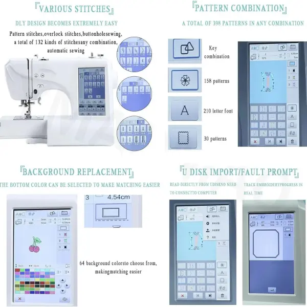 Automatic Sewing Machine Electric Embroidery Machine 96Built-in Designs DIY Embroidery Tool, with 4" x 9.2" Embroidery Area and LCD Touch Screen