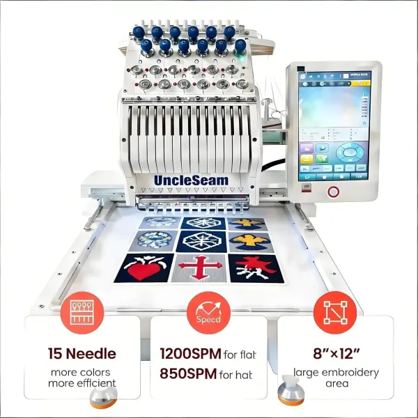 15-Needle Commercial Embroidery Machine, 12"x 8" Embroidery Area, Easy to Use for Flat Embroidery, Hats, T-Shirts, Auto Color Change & Trim, Supports WiFi/USB Transfer (15 Machine Only)