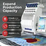 15-Needle Commercial Embroidery Machine, 12"x 8" Embroidery Area, Easy to Use for Flat Embroidery, Hats, T-Shirts, Auto Color Change & Trim, Supports WiFi/USB Transfer (15 Machine Only)