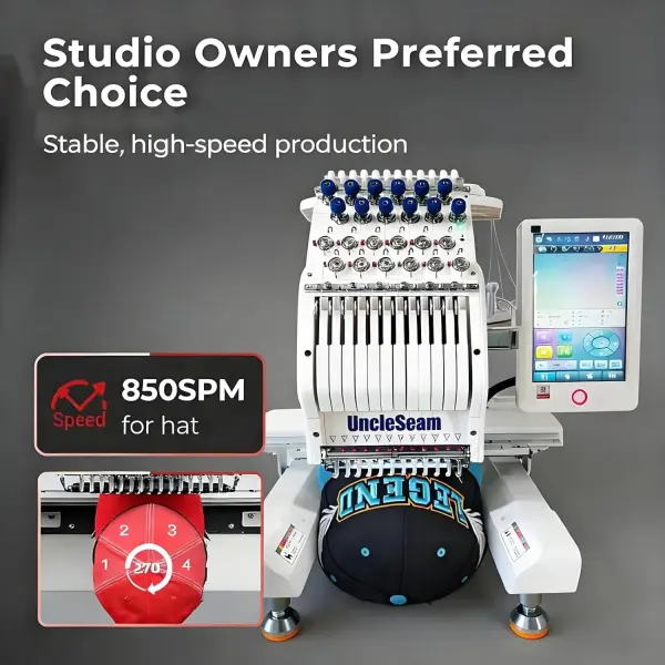 15-Needle Commercial Embroidery Machine, 12"x 8" Embroidery Area, Easy to Use for Flat Embroidery, Hats, T-Shirts, Auto Color Change & Trim, Supports WiFi/USB Transfer (15 Machine Only)