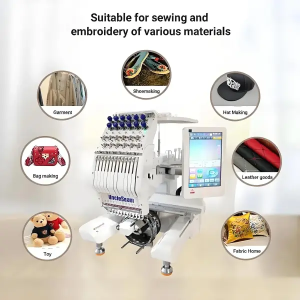 15-Needle Commercial Embroidery Machine, 12"x 8" Embroidery Area, Easy to Use for Flat Embroidery, Hats, T-Shirts, Auto Color Change & Trim, Supports WiFi/USB Transfer (15 Machine Only)