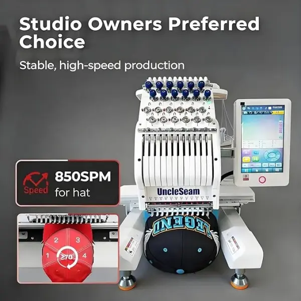 15-Needle Commercial Embroidery Machine, 12"x 8" Embroidery Area, Easy to Use for Flat Embroidery, Hats, T-Shirts, Auto Color Change & Trim, Supports WiFi/USB Transfer (15 Machine Only)