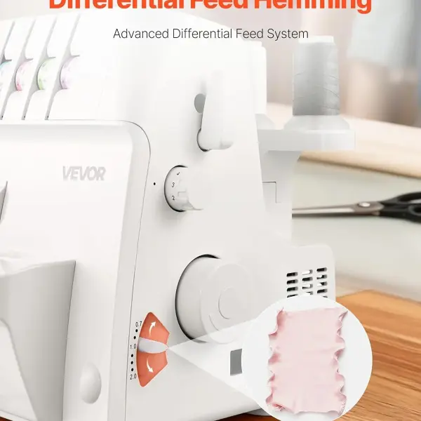 VEVOR Serger Overlock Sewing Machine, 1250 Stitches Per Minute, 2-3-4 Thread Capability, 0.7-2 Adjustable Differential Feed, with Free Arm and LED Light, Sewing Machine for Various Fabrics, White