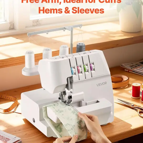 VEVOR Serger Overlock Sewing Machine, 1250 Stitches Per Minute, 2-3-4 Thread Capability, 0.7-2 Adjustable Differential Feed, with Free Arm and LED Light, Sewing Machine for Various Fabrics, White