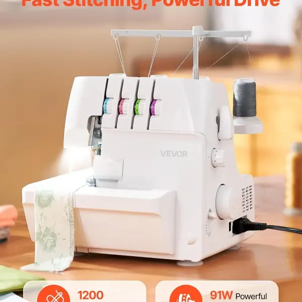 VEVOR Serger Overlock Sewing Machine, 1250 Stitches Per Minute, 2-3-4 Thread Capability, 0.7-2 Adjustable Differential Feed, with Free Arm and LED Light, Sewing Machine for Various Fabrics, White