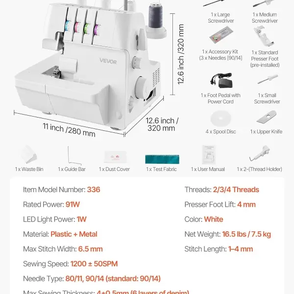VEVOR Serger Overlock Sewing Machine, 1250 Stitches Per Minute, 2-3-4 Thread Capability, 0.7-2 Adjustable Differential Feed, with Free Arm and LED Light, Sewing Machine for Various Fabrics, White