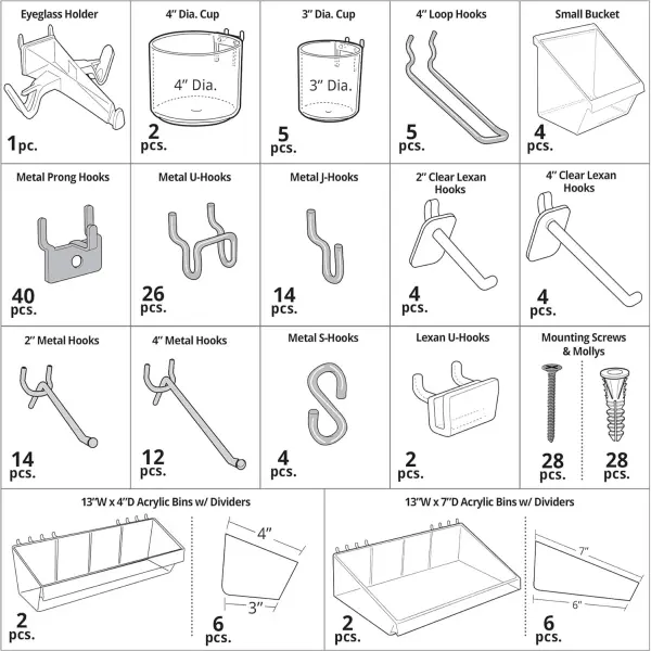 Azar Displays - 900960-190-Piece XLarge Pegboard Organizer Accessory Kit, Hooks Assortment for Tools and Storage System. Hardware Hooks and Bins.