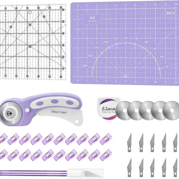 Headley Tools 39 Pcs Rotary Cutter Set - Quilting Kit incl. 45mm Fabric Cutter with 5 Extra Blades, A4 Cutting Mat, 2 Craft Knife Set, Sewing Clips, Ideal for Crafting, Sewing, Patchworking Purple