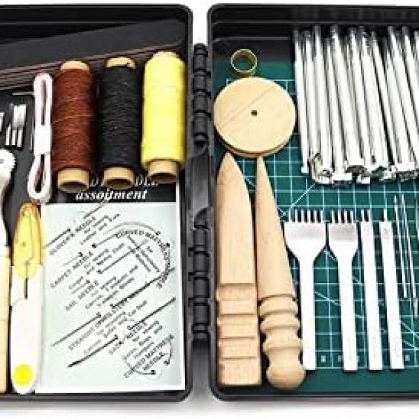 Leather Sewing Kit Professional DIY Leather Craft Tools Kit Hand Sewing Stitching Punch Carving Work Saddle Groover Set Accessories Tool Box(Color:G Set T2)