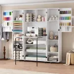 PAKASEPT Folding Sewing Table with Storage, Craft Storage Cabinet and Multipurpose Sewing Machine Table with Lockable Wheels, Magnetic Doors & Hidden Storage