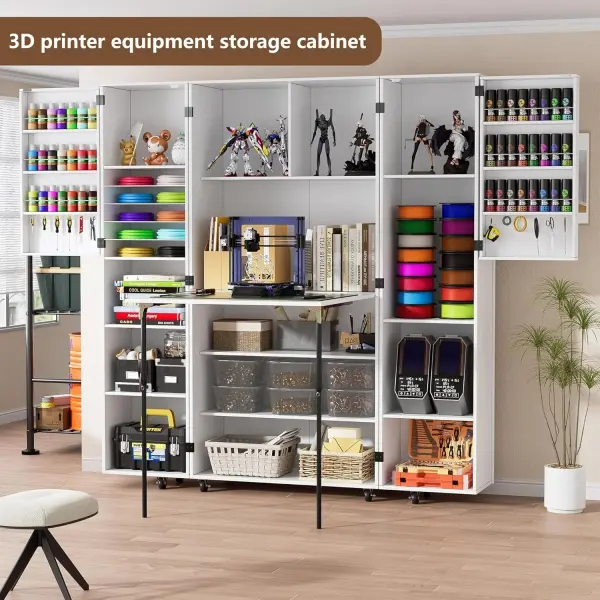 PAKASEPT Folding Sewing Table with Storage, Craft Storage Cabinet and Multipurpose Sewing Machine Table with Lockable Wheels, Magnetic Doors & Hidden Storage