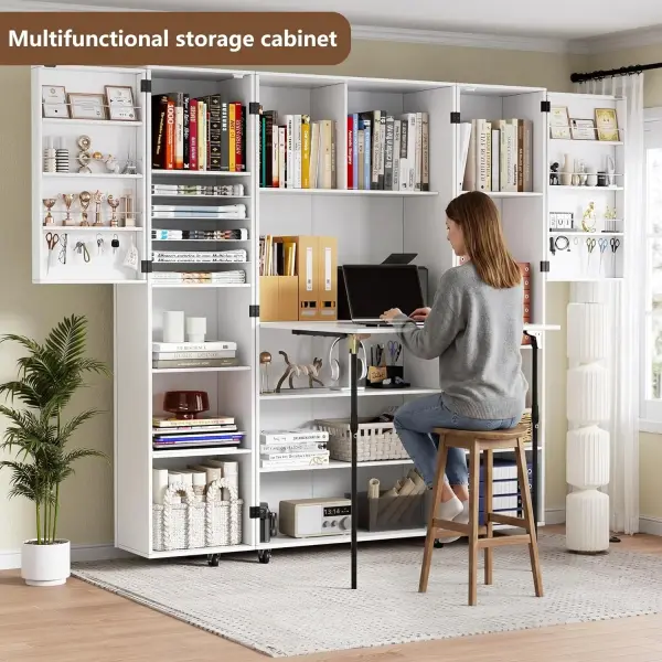 PAKASEPT Folding Sewing Table with Storage, Craft Storage Cabinet and Multipurpose Sewing Machine Table with Lockable Wheels, Magnetic Doors & Hidden Storage