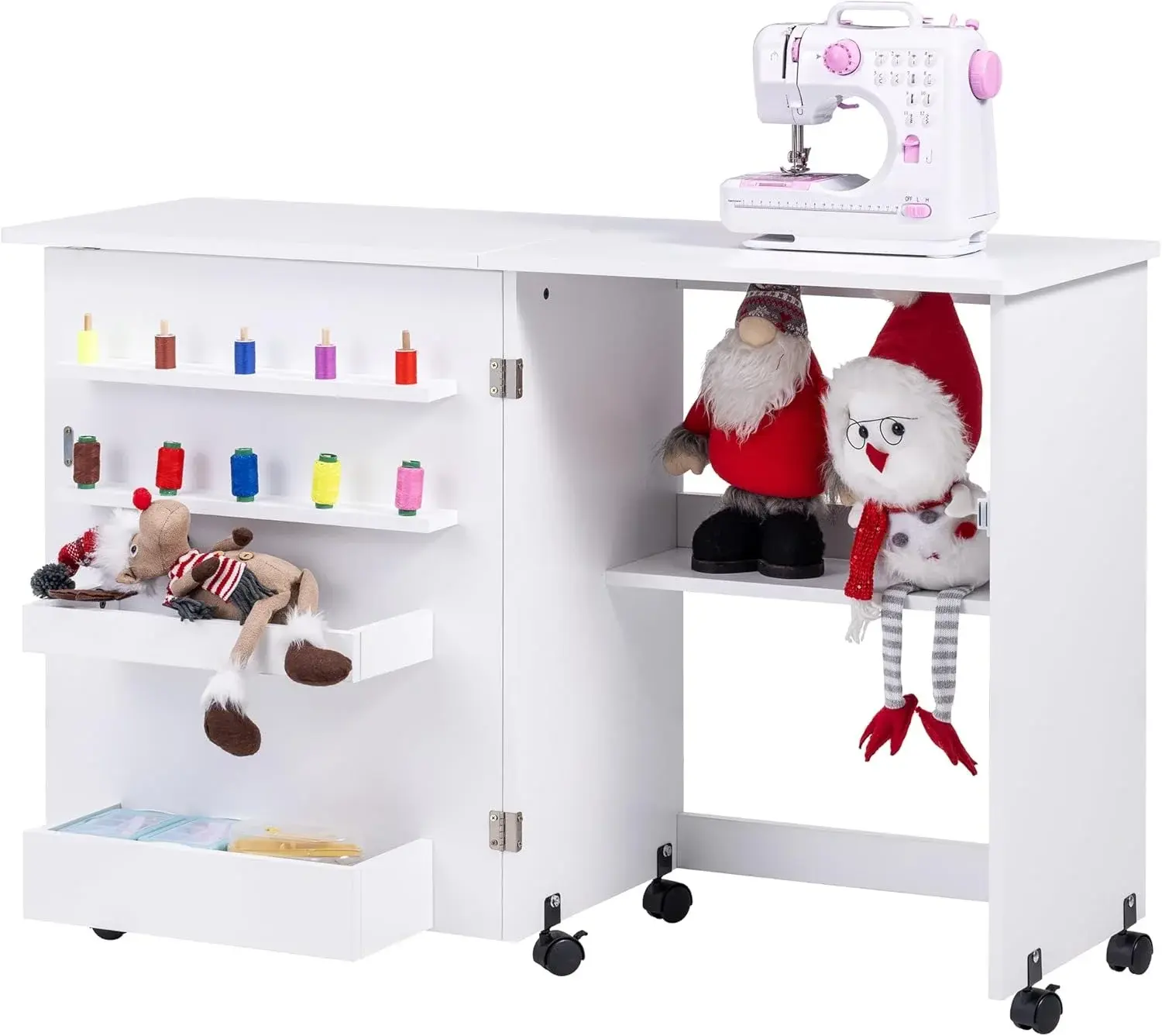 Vividwood Folding Sewing Table, Multipurpose Sewing Machine Table with Compact Design, Wheels, Shelves, Bins, Pegs, Magnetic Locks (White)
