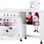 Vividwood Folding Sewing Table, Multipurpose Sewing Machine Table with Compact Design, Wheels, Shelves, Bins, Pegs, Magnetic Locks (White)