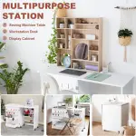 Vividwood Folding Sewing Table, Multipurpose Sewing Machine Table with Compact Design, Wheels, Shelves, Bins, Pegs, Magnetic Locks (White)