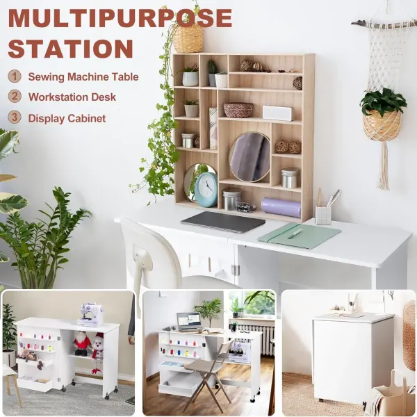 Vividwood Folding Sewing Table, Multipurpose Sewing Machine Table with Compact Design, Wheels, Shelves, Bins, Pegs, Magnetic Locks (White)