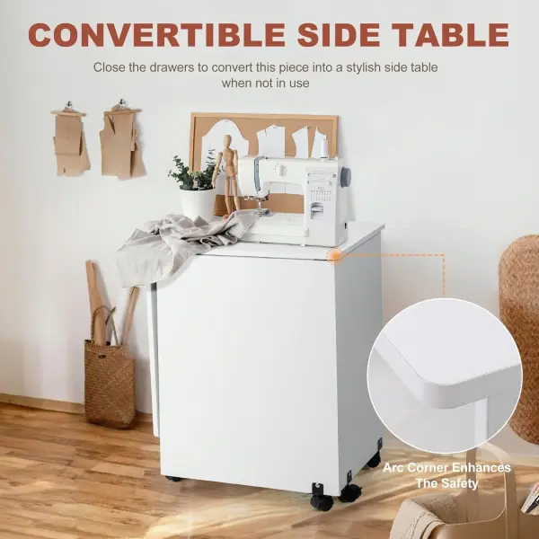 Vividwood Folding Sewing Table, Multipurpose Sewing Machine Table with Compact Design, Wheels, Shelves, Bins, Pegs, Magnetic Locks (White)