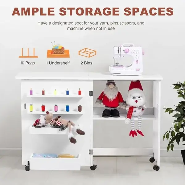 Vividwood Folding Sewing Table, Multipurpose Sewing Machine Table with Compact Design, Wheels, Shelves, Bins, Pegs, Magnetic Locks (White)
