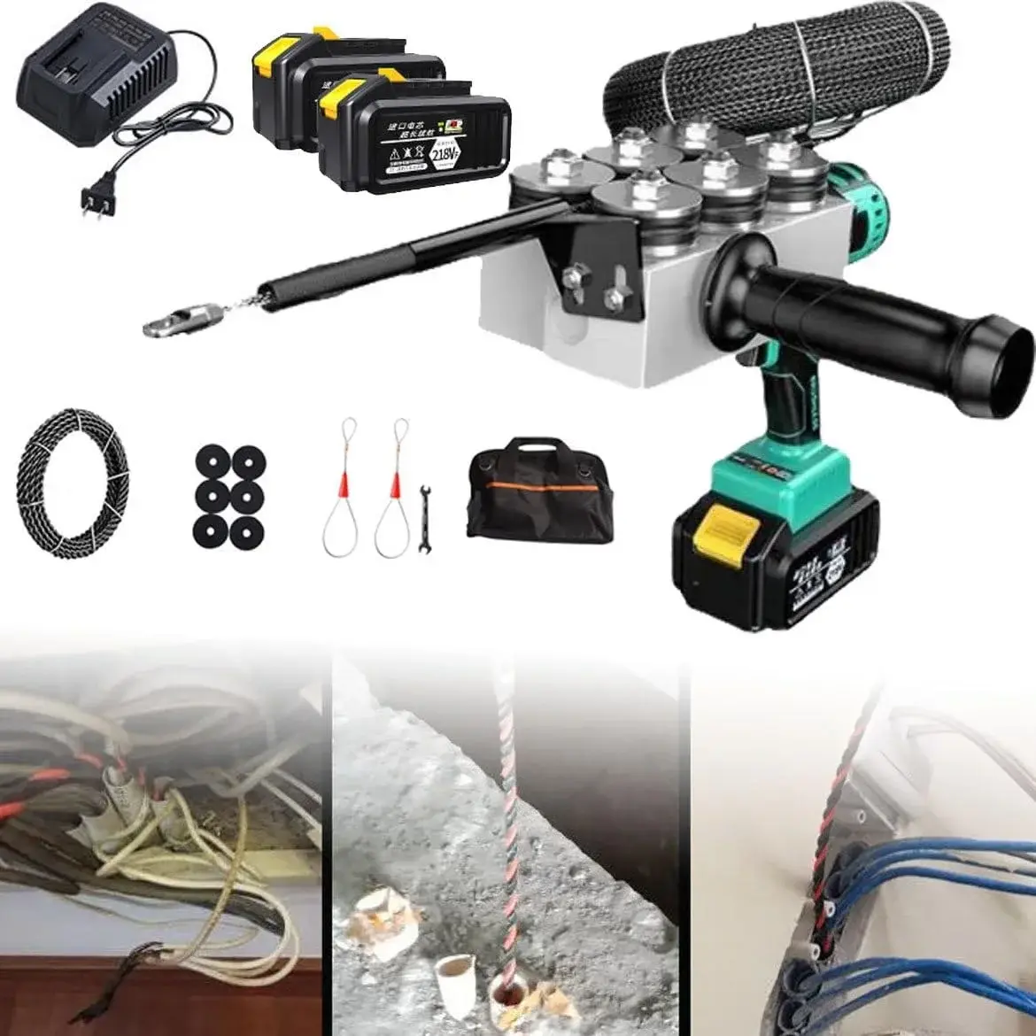 Electrician Pulling Dark Wire Pipe Threader Automatic Threading Machine Dark Wire Portable Electric Pulling Tool Lithium Threading with LED Lights,2x3000mA