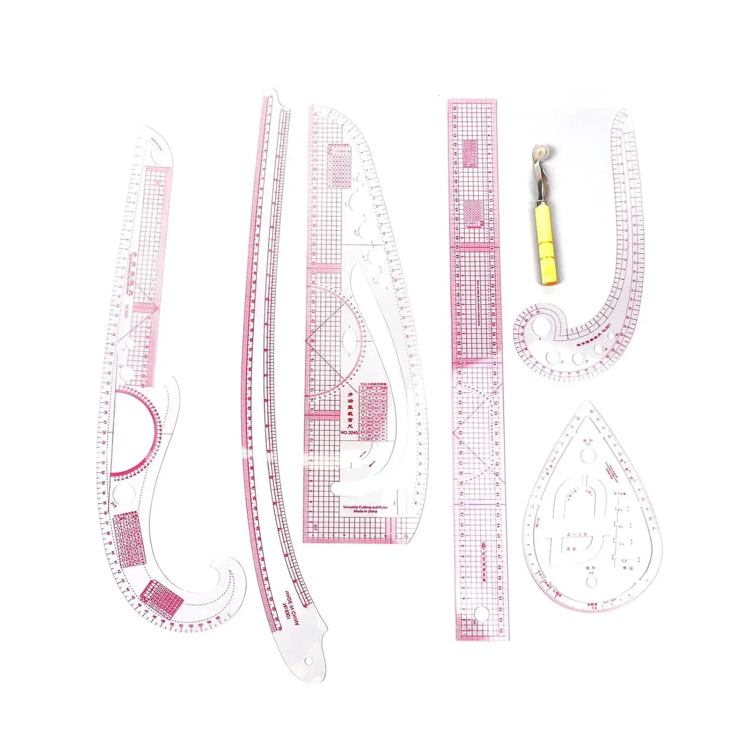 Metric Sewing Ruler, 6 Pieces French Curve Ruler for Pattern Making, Dress Makers Ruler Fashion Clear Sewing Ruler Set with Tracing Wheel for Beginners Tailors Designers