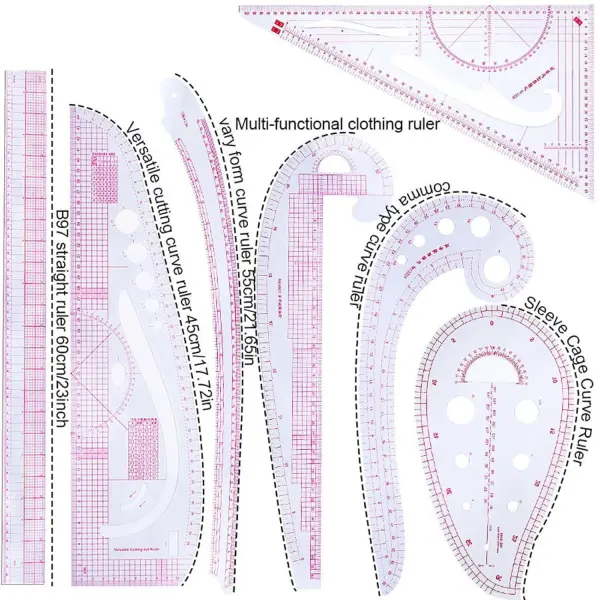Metric Sewing Ruler, 6 Pieces French Curve Ruler for Pattern Making, Dress Makers Ruler Fashion Clear Sewing Ruler Set with Tracing Wheel for Beginners Tailors Designers