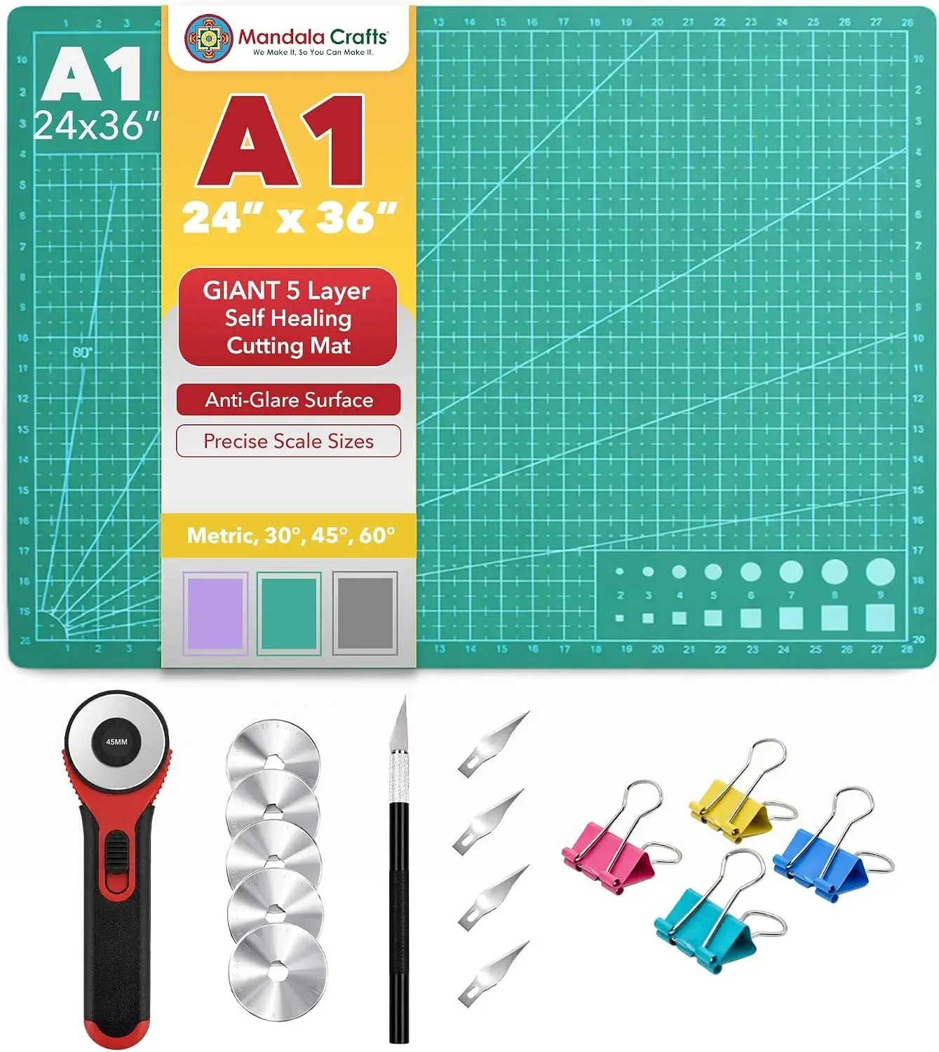 Mandala Crafts Self-Healing Cutting Mat Set – 24" x 36" A1 Green Double-Sided 5-Ply Mat with Fabric Cutter, Quilt Ruler & Craft Knife for Sewing, Quilting, Leather & Scrapbooking