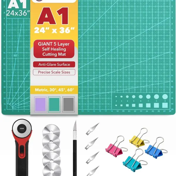 Mandala Crafts Self-Healing Cutting Mat Set – 24" x 36" A1 Green Double-Sided 5-Ply Mat with Fabric Cutter, Quilt Ruler & Craft Knife for Sewing, Quilting, Leather & Scrapbooking